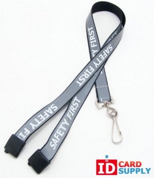 100 Black 5/8" Reflective Lanyards With "Safety First" Imprint & Nickel-Plated Steel Swivel Hook